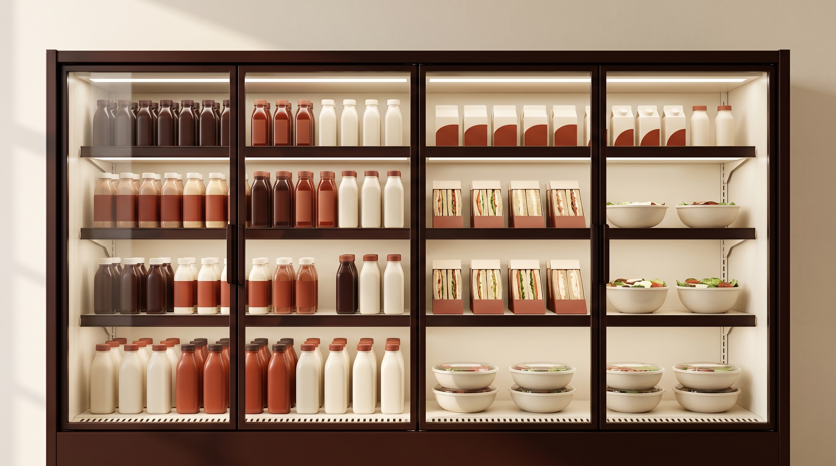 Editorial wide-angle photo of a clean grab-and-go cooler section with neat single-serve packaging silhouettes under bright case light, restrained warm-cream and deep-brown palette, no text and no people.